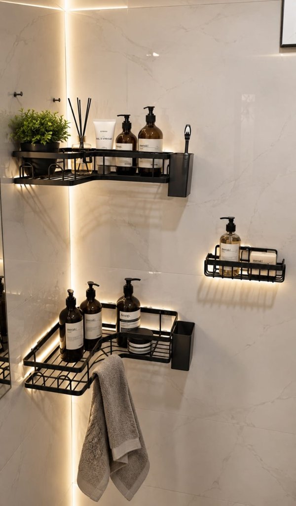Set Organizador de Baño y Ducha Premium – Estantes Esquineros Autoadhesivos (Negro Mate