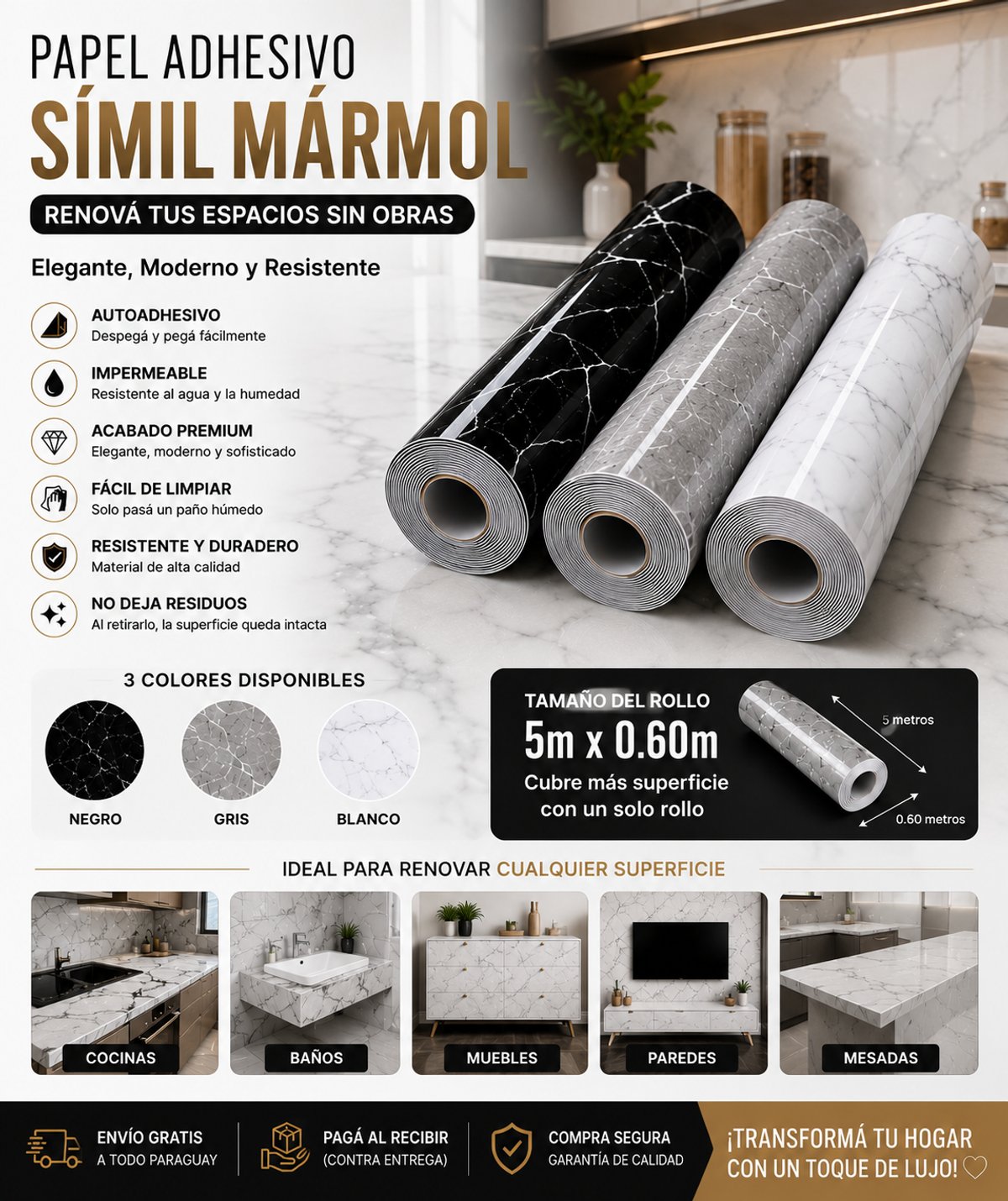Papel Adhesivo Símil Mármol Premium 5M – Impermeable y Autoadhesivo