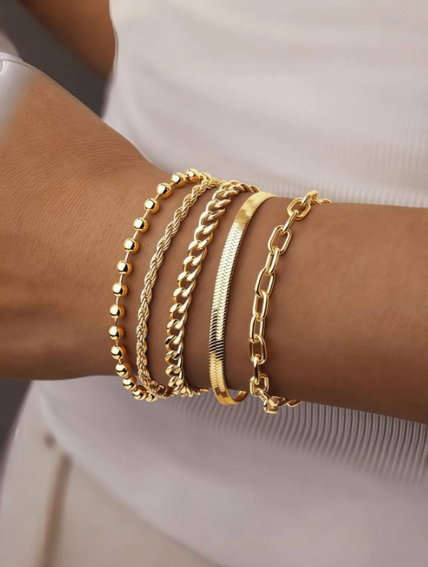Set de 5 pulseras de mujer chapadas en oro de 18K de acero inoxidable