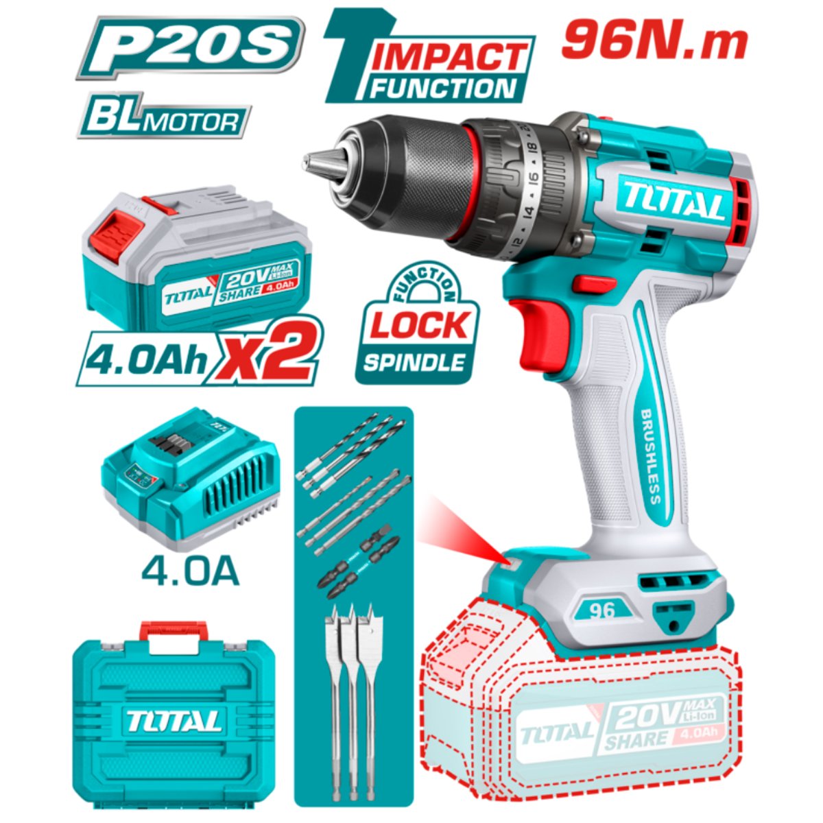 TALADRO DE IMPACTO (PERCUTOR) A BATERIA 20V 96NM BL - 2BAT/CAR - TIDLI20968 - TOTAL