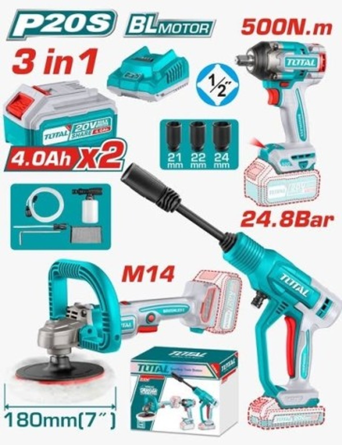 COMBO Kit Llave De Impacto 500NM + Hidrolavadora 20V + Pulidora 20v Total