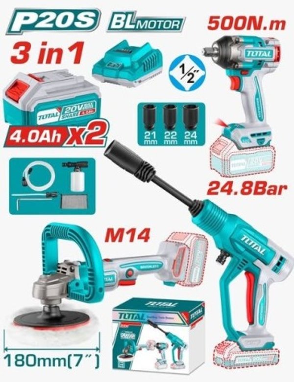 COMBO Kit Llave De Impacto 500NM + Hidrolavadora 20V + Pulidora 20v Total