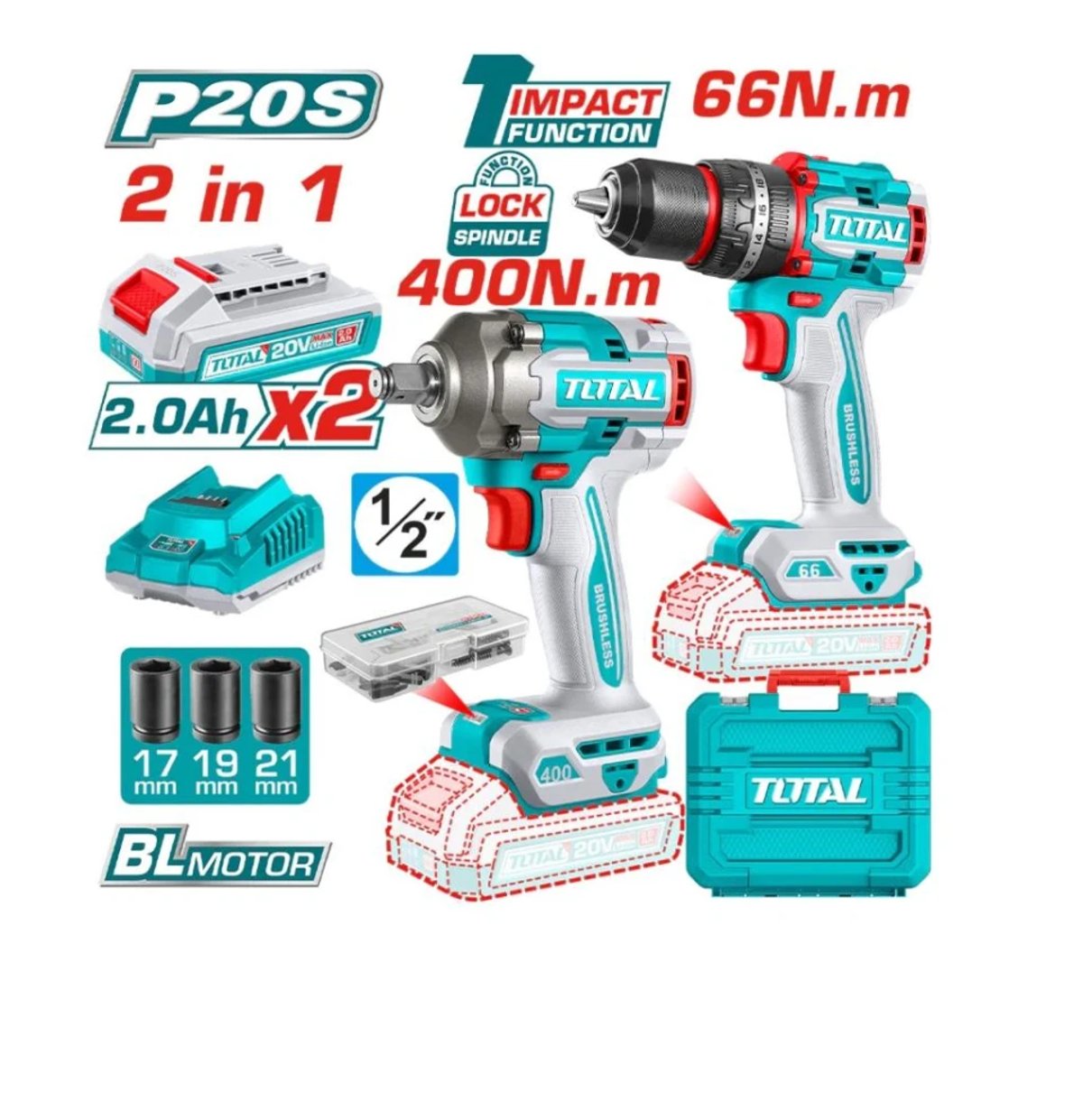 TOTAL COMBO TALADRO + LLAVE DE IMPACTO TCKLI20275