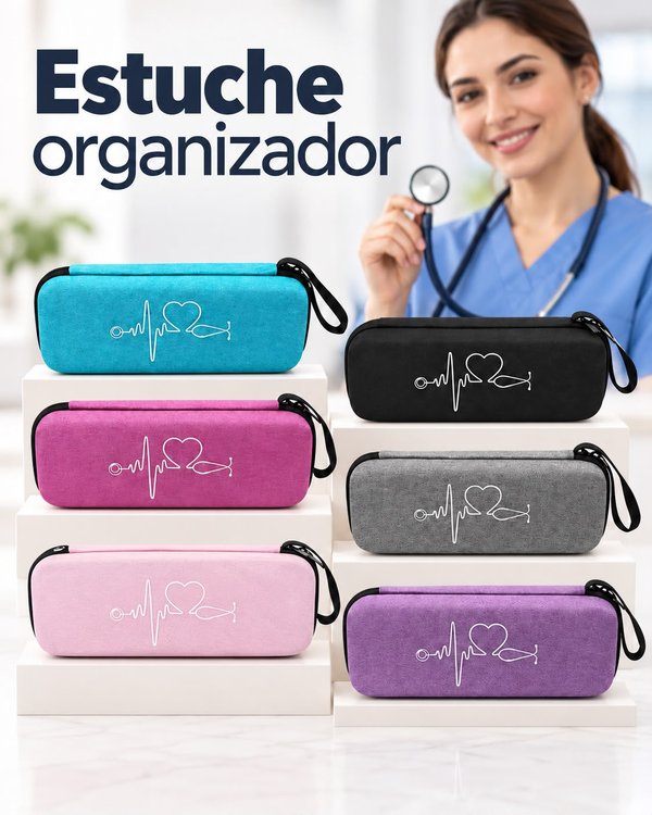 Estuche organizador negro con diseño de estetoscopio