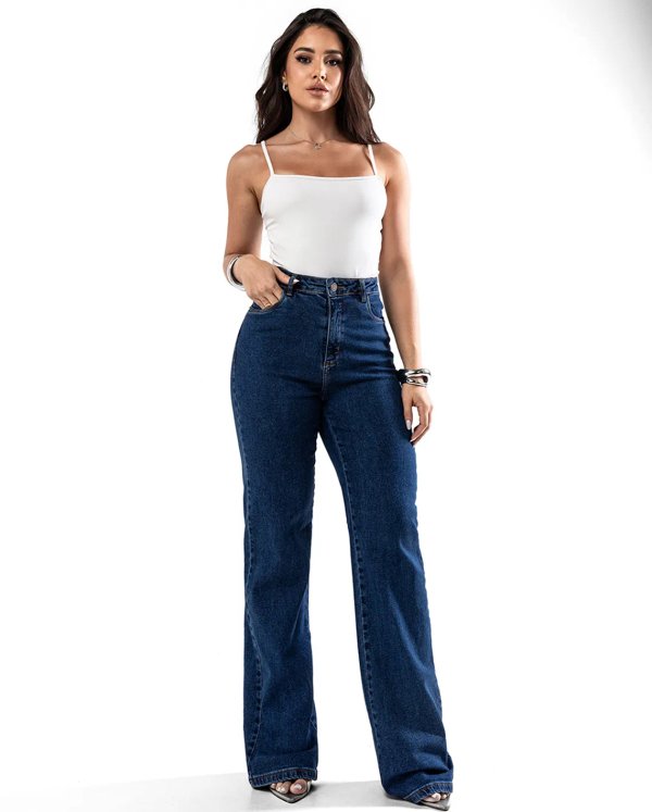 Calça jeans wid leg azul escura cintura alta
