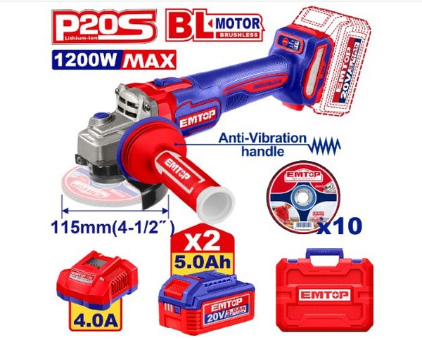 Amoladora 115mm BL 1200W + Acc. 2x Bateria 20V 5Ah. (M) E