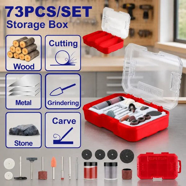 Juego puntas p/ Mini torno 1/8" 73pzs. Estuche Plastico. Emtop