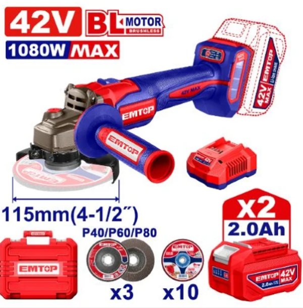 Amoladora 115mm BL 1080W + Acc. 2x Bateria 42V 2.0Ah. (M) EMTOP