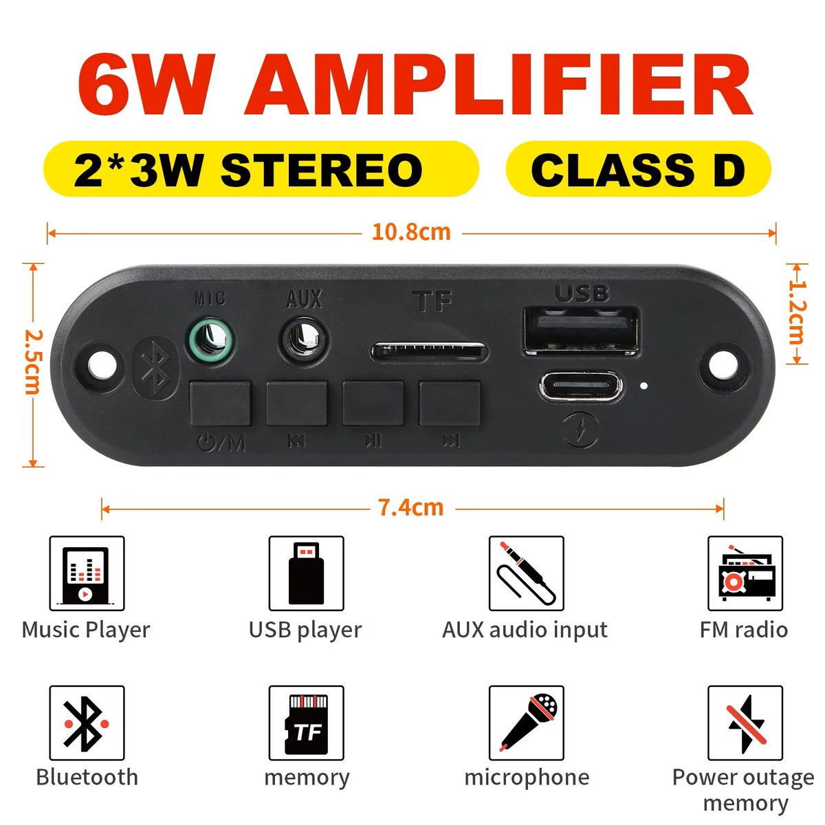 Módulo decodificador de MP3 con amplificador estéreo de 6W (2x3W)