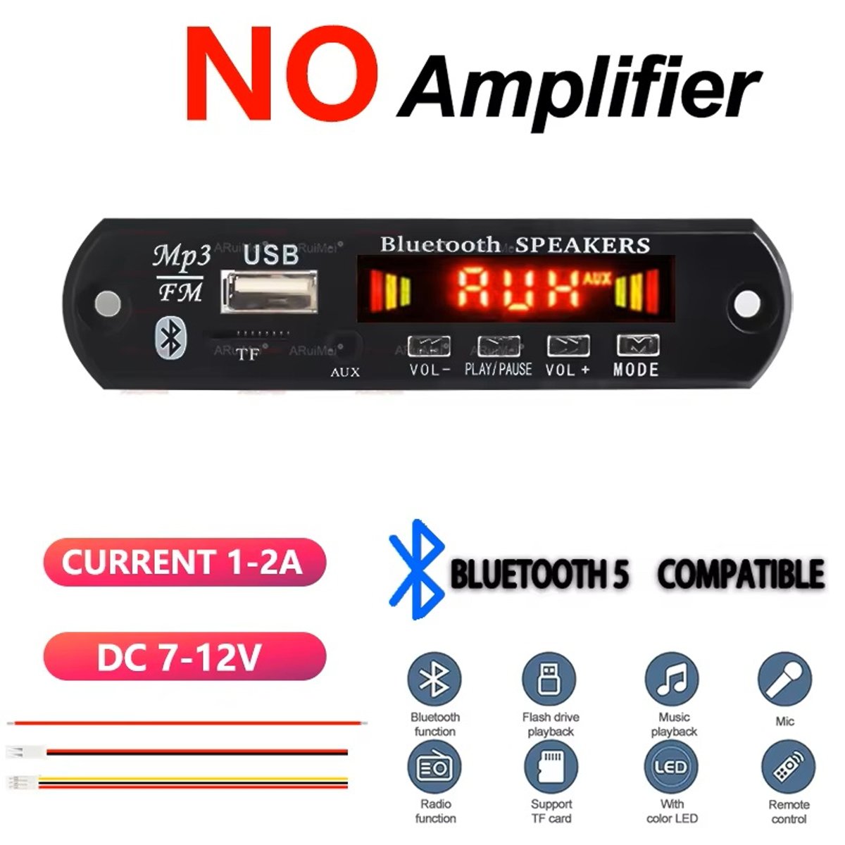 Reproductor MP3 manos libres, 7V, 12V, Bluetooth 5,0, sin amplificador, módulo de Radio FM para coche, compatible con grabadoras FM TF USB AUX - 3