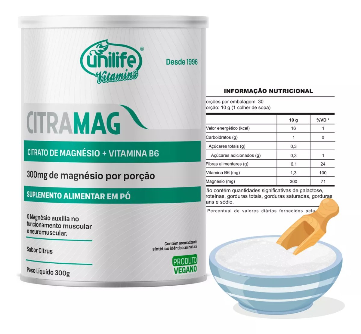 Citrato de Magnésio en polvo de 300g con vitamina B6 