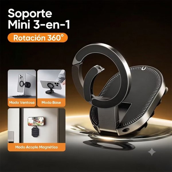 Soporte Magnético 3 en 1 para Celular: Con Ventosa de Succión, Clip Mosquetón y Giro 360°