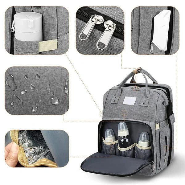 Mochila gris con compartimentos y cierres dobles