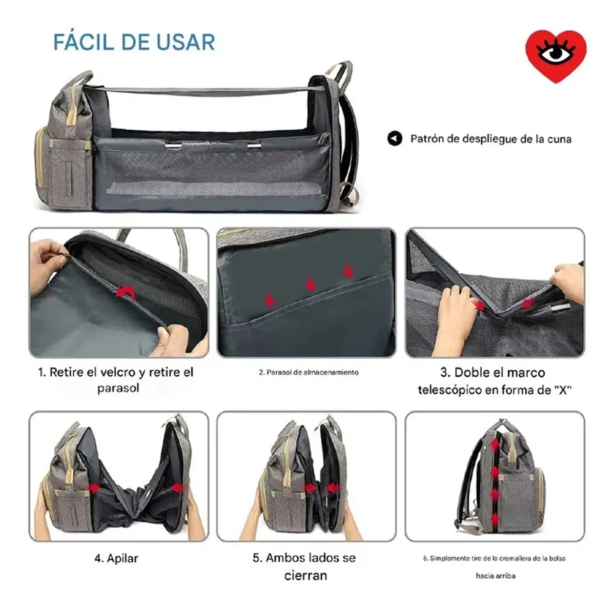 Mochila gris con compartimentos y cierres dobles - 5