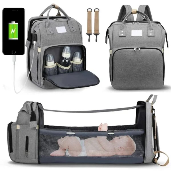 Mochila gris con compartimentos y cierres dobles