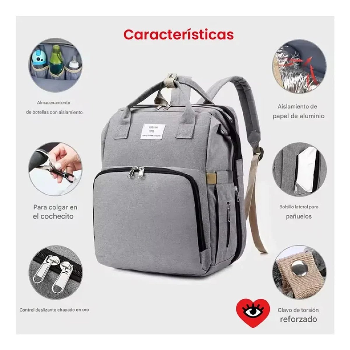 Mochila gris con compartimentos y cierres dobles - 4