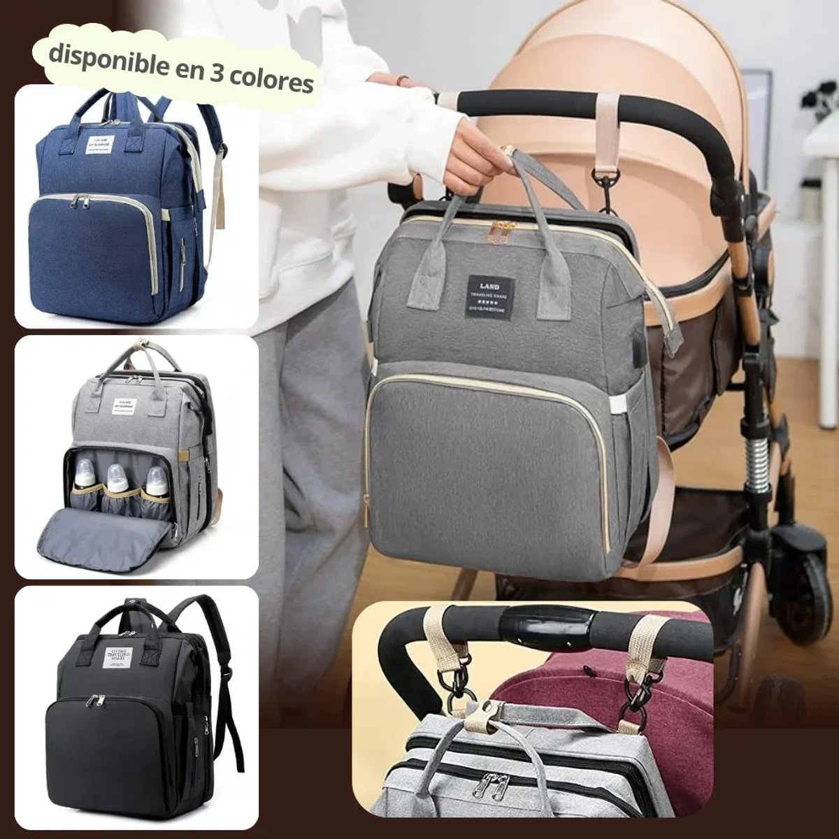 Mochila gris con compartimentos y cierres dobles - 6