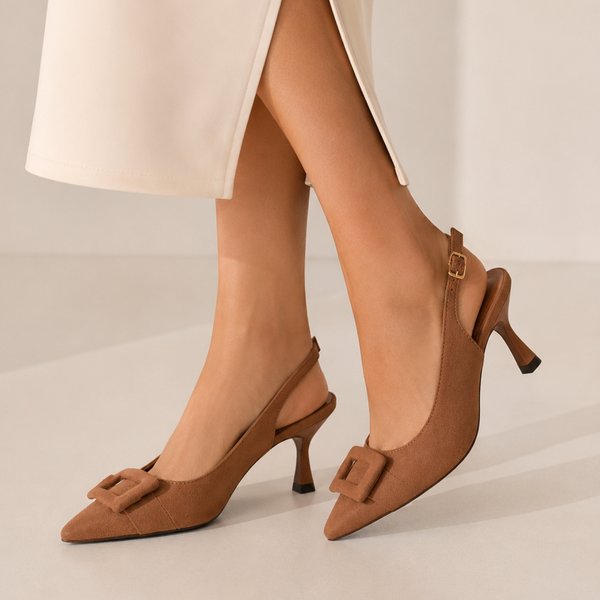 Slingback de Gamuza Color Coñac con Tacón Fino – Via Marte
