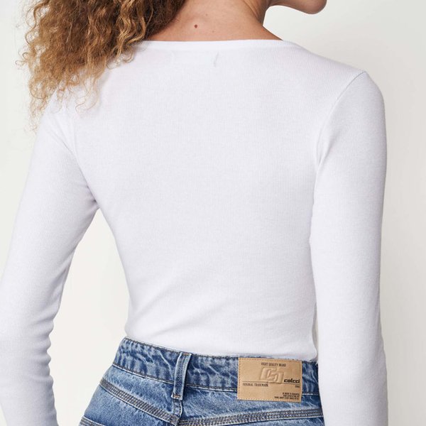 Blusa Slim Acanalada con Pechera y Manga Larga